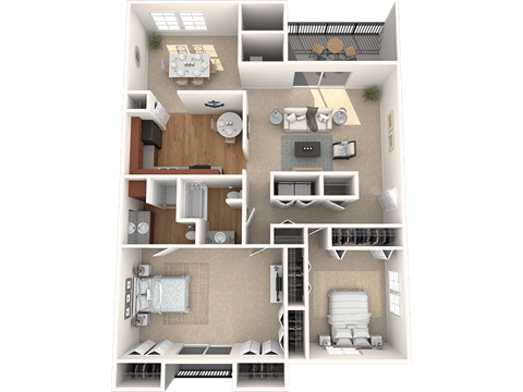Floor plan for 2 beds, 2 baths, 1367 sqft